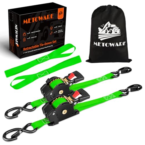 Image of METOWARE Retractable Ratchet Straps (2-Pack) - 1 in x 10 Ft (1500lb Break Strength) - Heavy Duty Auto Self Retracting Tie Down Straps for Truck, Trailer, Cargo Van, Motorcycle - Green