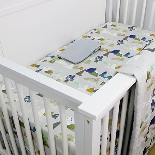 Image of TANOFAR 4 Piece Crib Bedding Set for Boys, Infant & Toddler Nursery Bed Set with Crib Skirt, Quilt, Crib Sheet and Diaper Stacke, Standard Size Soft Baby Bed Set (Grey Mountain)