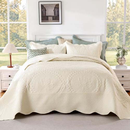 Image of EVENHUG Oversized King Bedspreads California King Quilt Set with Pillow Shams Extra Wide Large King Size Quilts Lightweight Coverlet Bedding Sets Cream 120 inchx120 inch