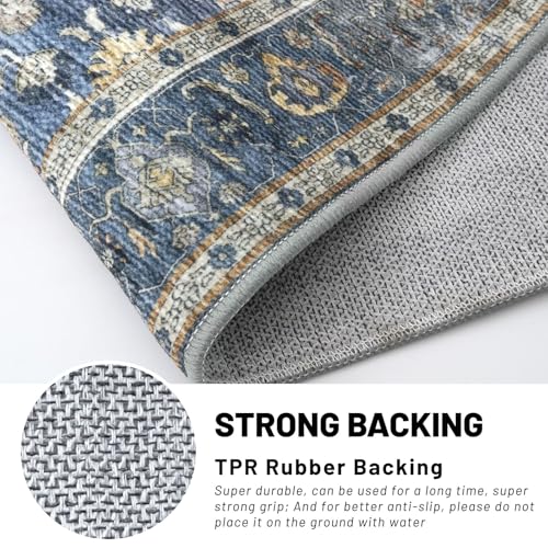 Image of KUTA Vintage 2x3 Rugs for Entryway, Non-Slip Washable Area Rug & Indoor Door Mat with Floral Print, Blue Grey Beige Ultra Thin Soft Low-Pile Throw Rug for Kitchen Front Door, Bedside, Small Spaces