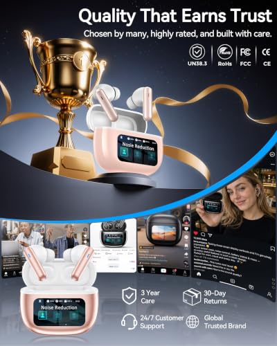 Image of Wireless Earbuds with Smart Touchscreen Case, Bluetooth 6.0 Ear Buds with AI Noise Cancelling Calls, 40H Playtime Stereo Headphones, IPX7 Waterproof Earbuds for Workout, Travel,iPhone,Android,Rose