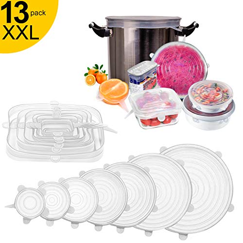 longzon Dehnbar Silikondeckel, 13er set Silikondeckel Stretch Deckel Wiederverwendbar in Verschiedenen Größen für SchüSseln, TöPfe, GläSer, Dosen, Becher- Rund+Rechteck
