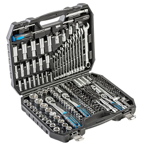 Högert Technik Jeu d'outils 222 pièces, jeu de clés à douille et d'embouts 1/4", 3/8" et 1/2", en acier CRV, clé à fourche et polygonale, DIN 3124, dans un coffret en acier
