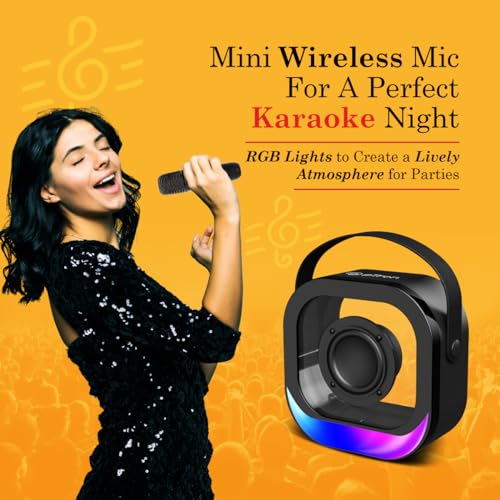 Image of pTron Fusion Moment V2 10W Mini Bluetooth Speaker with Wireless Karaoke Mic, Pristine Sound, RGB Lights, Funny Voice Change Effects, 6Hrs Playtime, Bluetooth V5.3 & Type-C Fast Charging Port (Black)