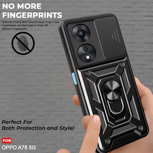 Image of Armor Bumper Back Cover Case for Oppo A78 5G Rotating Camera Cover, Ring Holder & Kickstand | Heavy Duty & 360 Degree Protection Oppo A78 5G Back Cover (Black)