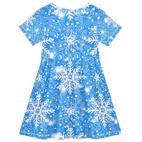 Toddler Girls Short Sleeve Dress White Snowflakes Blue Summer Kids Sundress Playwear Casual Outfits 2T-8T2