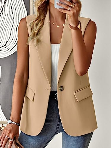 Women's Sleeveless Blazer Vest Casual Open Front Button Vest Lapel Office Cardigan Blazer With Pockets Khaki M2