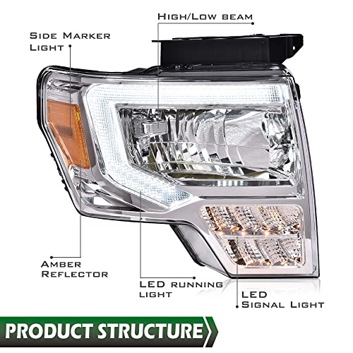 Image of GRAND ORANGE LED DRL Headlight Assembly Compatible with Ford F150 2009-2014 Left Driver & Right Passenger Side Clear Lens Chrome Housing Amber Reflector FO2503289 DL3Z13008EC