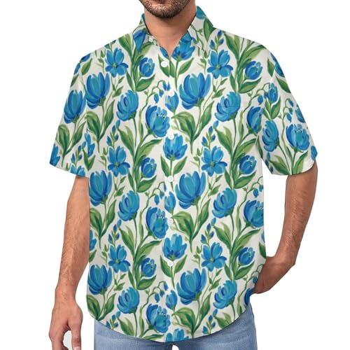 Chemise hawaïenne aloha pour homme à imprimé bleuet aquarelle coupe régulière