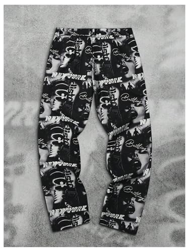 GORGLITTER Men's Graphic Print Cargo Pants Drawstring Waist Straight Leg Y2k Baggy Pants4