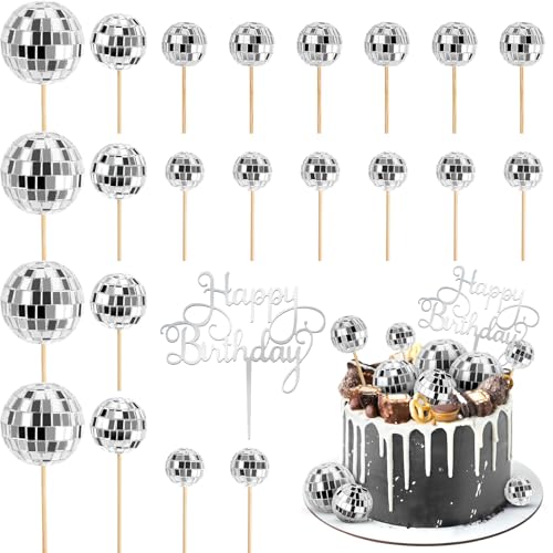 23 PCS Disco Ball Cupcake Toppers Happy Birthday Cake Toppers Silver Disco Ball Cake Picks 1970s Disco Theme Cake Decorations for Birthday Party Favor