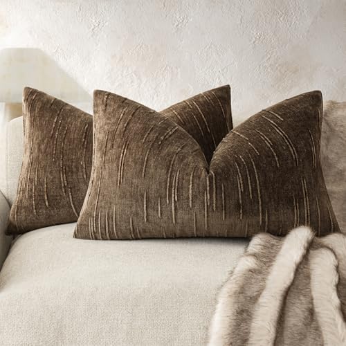 Image of Foindtower Pack of 2 Slubby Textured Chenille Throw Decorative Pillow Covers Lumbar Accent Solid Cushion Cover Neutral Farmhouse Pillow Case for Couch Sofa Bedroom Living Room 12x20 Inch,Dark Brown
