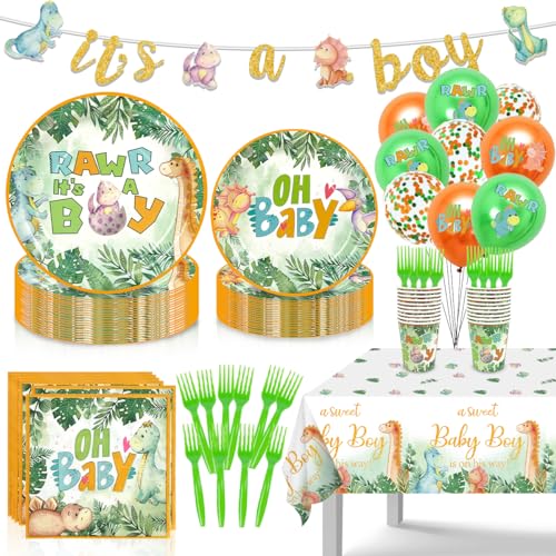 Dinosaur Baby Shower Decorations for Boy, Dinosaur Theme Hatching Soon Baby Boy Shower Decorations Dino Party Supplies OH Baby Plates, Rawr It's a Boy Napkins, Cups, Balloons, Tablecloth | Serve 20