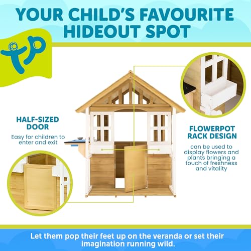 Image of TP Toys Outdoor Kids Kitchen Playset Wooden Playhouse for Kids - Toddler Pretend Play Kitchen, Accessories, Sturdy, Weatherproof, Door, Windows, Sink, Wood Burner Stencils, Easy Assembly, Ages 3+