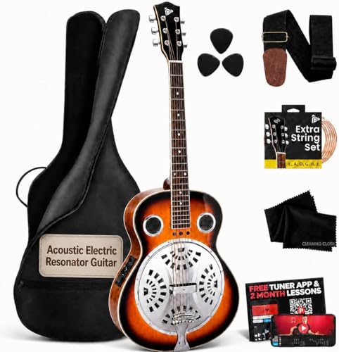 Pyle Resophonic Resonator Acoustic Electric Guitar-6 String Round Neck Sunburst Mahogany Traditional Resonator w/Built-in Pre Amplifier Case Bag Strap Steel Strings Tuner Picks