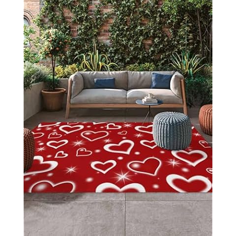 Outdoor Area Rug Romantic Valentine Love Heart on Red Rugs 4x6ft Washable Outdoor Carpets,Washable Outdoor Carpets,Valentine's Day Carpet Waterproof Large Rugs for Patio Porch Cover