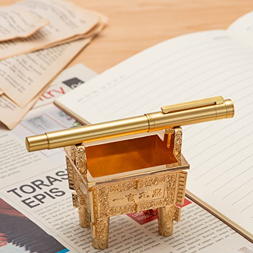 Image of Hongdian Forest Pro Solid Brass Fountain Pen, Bent Nib for Fude Calligraphy Writing (Fine to Broad) with Converter and Metal Pen Box Set