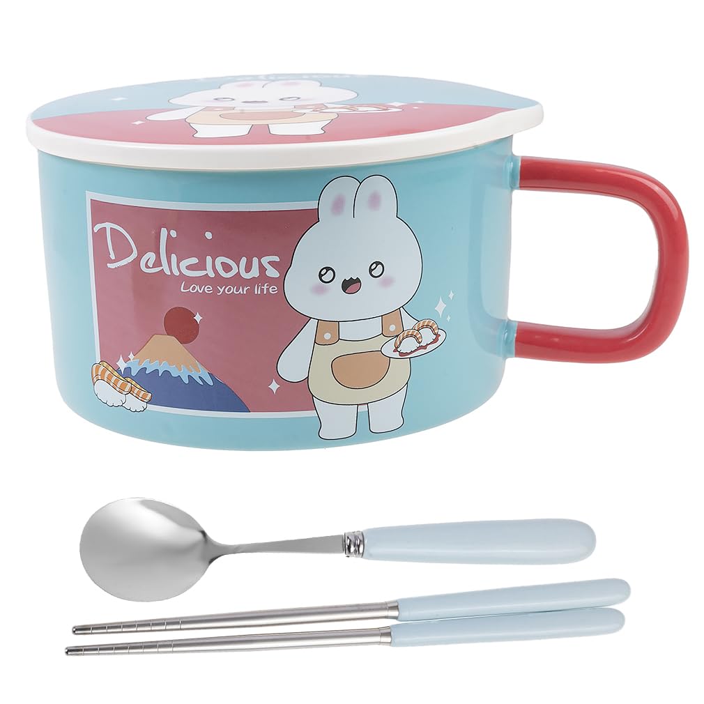 lachineuse - Nudelschale mit Sofortfunktion – asiatische Ramenschale – Porzellan – Motiv Kaninchen – 1000 ml – Deckel & Besteck – Frühstück, Suppe, Reis – Geschenkidee Asien Japan China – Himmelblau