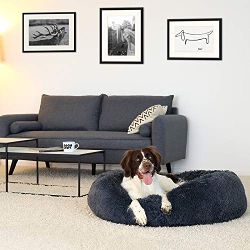 lionto Donutbett für Hunde und Katzen, Flauschiges Hundebett rund für kleine und große Heimtiere, Ø 100 cm, weiches Katzenbett aus kuscheligem Plüsch, Hundekissen mit extra Dicker Füllung, dunkelgrau