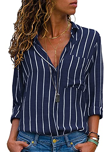 Bluse Damen Langarm Casual Streifen Oberteile Hemd Lose V-Ausschnitt...
