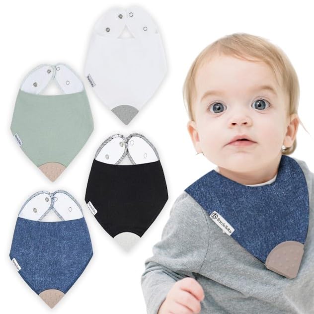 Bazzle Baby Bandana Teething Bib 4-Pack – Double layer Drool Bibs for Boys &amp; Girls, Silicone Teether for Teething Relief, Adjustable &amp; Absorbent Baby Bibs for Drooling - Denim &amp; Sage (Peyton)