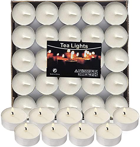 Lot de 50 bougies chauffe-plat non parfumées,Durée de combustion : 4 heures,Lot de 2 bougies chauffe-plat sans parfum dans des douilles métalliques,Bougies romantiques sans fumée, fête, blanc Cover