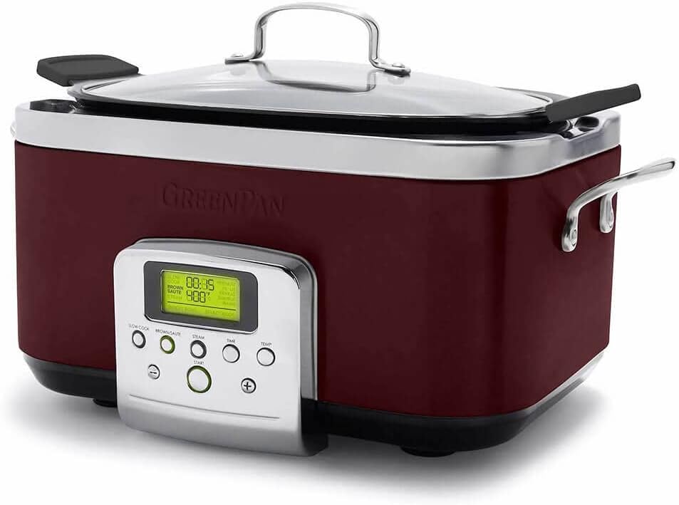 GreenPan Elite 8-in-1 Programmable 6QT Electric Slow Cooker, Dishwasher Safe Lid & Removable Crock, PFAS-Free Healthy Ceramic Nonstick Multi-Cooker, Sear,Sauté/Brown,Steam Basket,Roast, Fig Red