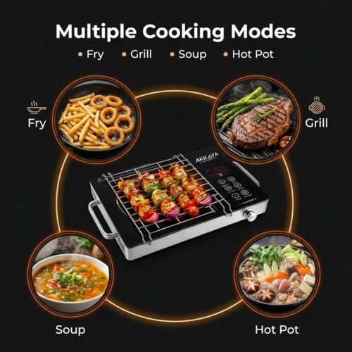 Image of AKKAYA Infrared Cooktop 2200W Electric Stove Without Gas - Infrared Electric Cooktop for All Cookware, Feather Touch Digital Controls with Digital Display, BBQ Grill Rack, Auto Shut-Off