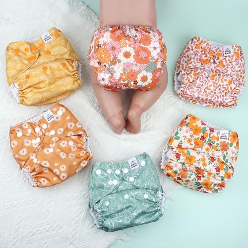 Mama Koala 3.0 Pocket Cloth Diapers for Babies with AWJ Lining, 6 Pack with 6 5-Layer Natural Cloth Diaper Inserts - Reusable and Washable Pocket Diapers(A-Little Daisies)