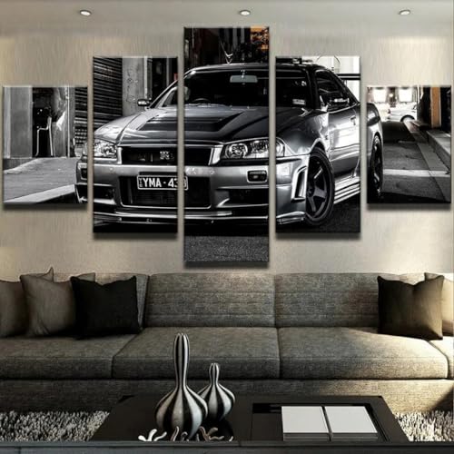 Impression sur toile 5 parties Nissa Skyline Car noir-blanc pour mur
