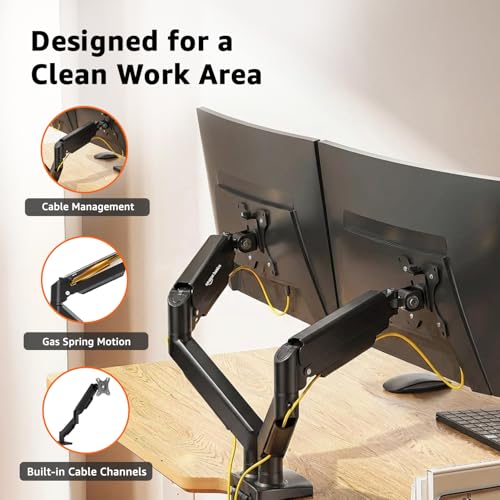 Image of Amazon Basics Heavy Duty Dual Monitor Arm with Gas Spring Adjustment for 13-32 inch Screens | Ergonomic Adjustable VESA Stand | Supports 9 Kgs Per Arm | Swivel, Tilt & Rotate | Steel & Aluminum Build