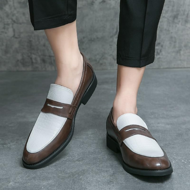Dress Shoes for Men Slip On Round Toe PU Leather Two Tone Penny Loafers Block Heel Rubber Sole Slip Resistant Casual2