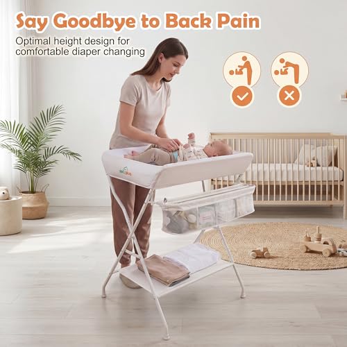 Image of HONEY JOY Changing Table, Folding Nursery Organizer with Open Shelf & Safety Belt, Portable Diaper Changing Station for Newborn (Beige, Basic)