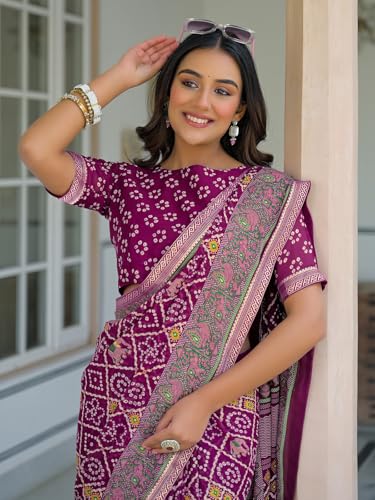 Image of SIRIL Women's Georgette Bandhani Printed Saree With Unstitched Blouse Piece