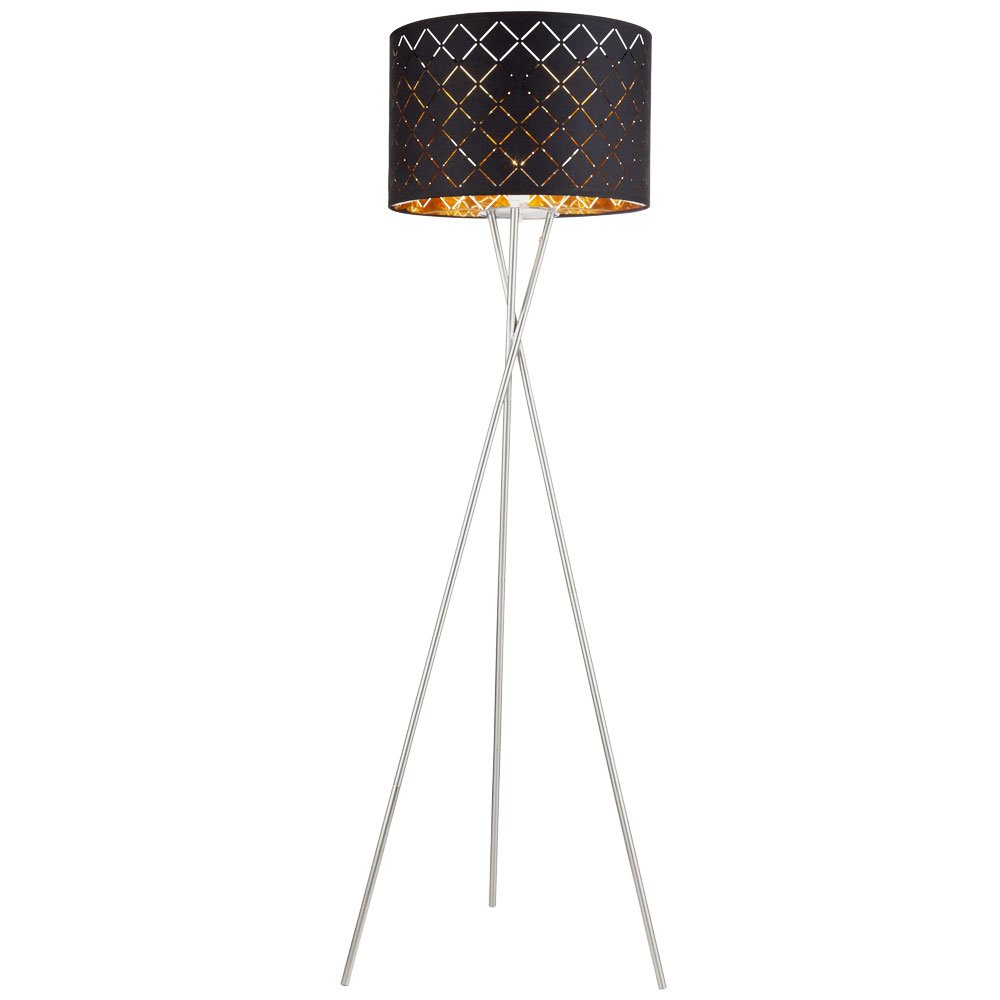 Stehlampe Textilschirm schwarz gold Beistellleuchte 3 Bein Stativleuchte Textil, Nickel matt, E27 Fassung, DxH 62x158 cm