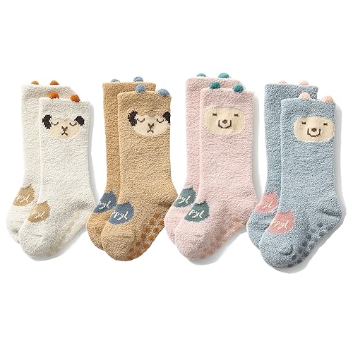 Jupsk Calcetines Antideslizantes para Bebé Niño Niña, 4 Pares Calcetines Peludos de Invierno Medias hasta la Rodilla para Bebés 6-12 Meses, Animales