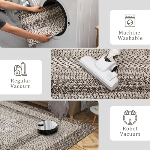 GAOMON Braided Collection Area Rug 5x7 Modern Rug Washable Rugs Navy Vintage Country Cottage Floor Carpet Low Pile Non Slip Indoor Throw Carpet for Living Room Bedroom Non-Shedding Aesthetic Tan