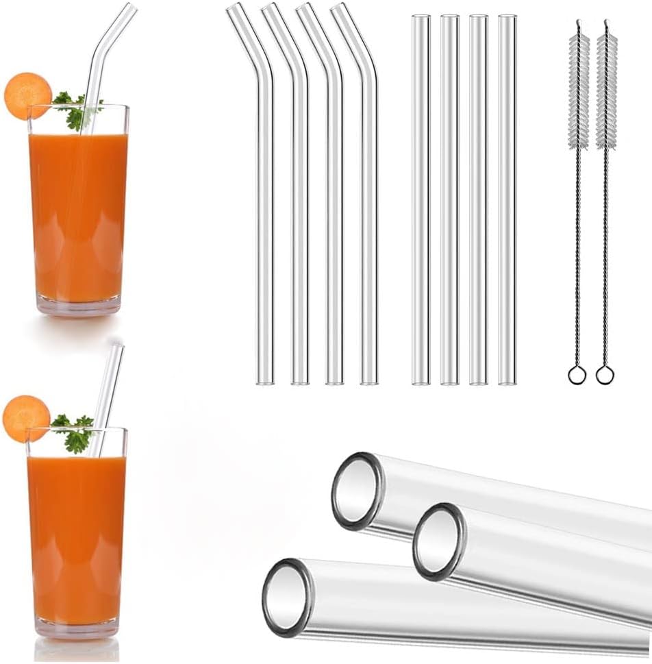 KeyZone 8pcs Reusable Glass Drinking Straws Set for Milkshakes, Frozen Drinks, Smoothies, Bubble Tea, Juice, 4pcs Straight Straws and 4pcs Bent Straws with Clean Brush