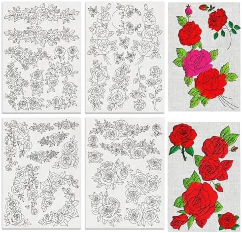 BENECREAT 4 Sheets Roses Sewing Embroidery Stabilizers, 42pcs Flowers Embroidery Paper with Pre-Printed Water Soluble Stabilizer for Embroidery Hand Sewing Lover Beginners