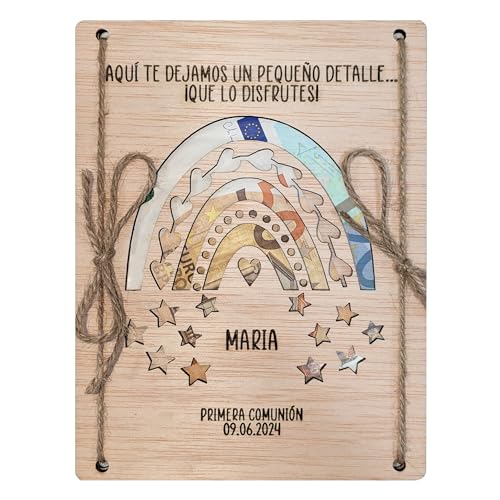 Lulamuk | Tarjetas regalar dinero de manera original | Idea de regalo creativa original sorpresa | Comunión, cumpleaños, bautizo... | Tarjeta de madera regala dinero original (Arco Iris Personalizado)