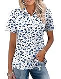 LOMON Womens Polo Shirts Short Sleeve Golf Tops Half Zip Collared 2026 Summer Ladies Cotton Shirt Going-Out (Blue Leopard,XX-Large)