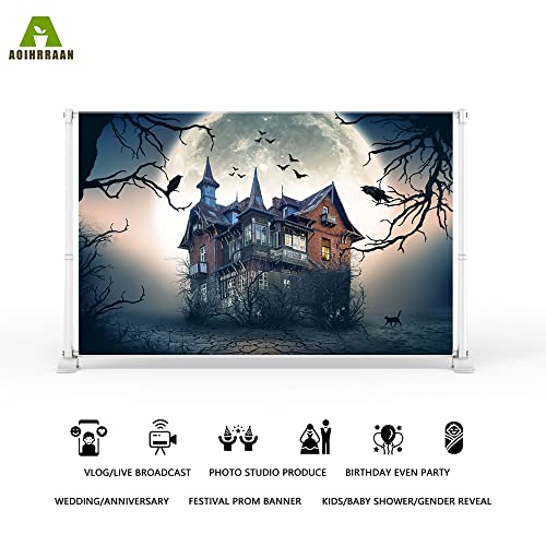 Aoihrraan 9x6ft Horror Haunted House Backdrop Mid Night Bright Full Moon Bats Gloomy Trees Halloween Photography Background Kids Trick or Treat Party Decor Children Portrait Photo Studio Props - Image 2