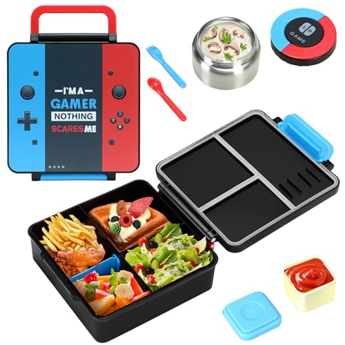 Image of Bento Lunch Box for boys,60 OZ Insulated Bento Lunch Box with 8OZ Leakproof Leak Proof Thermos Food Jar, 3-4 Compartments Bento Box for School, BPA-Free Dishwasher Safe (I AM A GAMER)