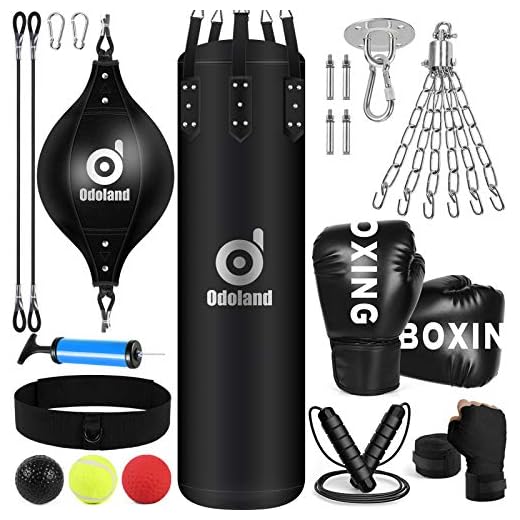 Odoland Boxsack Set Ungefüllt 120cm Boxsack Erwachsene mit 12oz Boxhandschuhe, Doppelendball, Reflexball, Boxbandagen und Kette Deckenhaken, Punching Bag für Kickboxen MMA Muay Thai