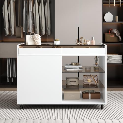 Image of JIVOIT Movable Storage Cabinet Island, 43.3 inch Multi-Functional Island with 3 Side Drawer, a Reversible Top Storage Space and Two Glass Display Shelves, Vanity Table