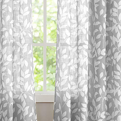 Image of Treatmentex White and Grey Curtains for Bedroom 54 inch Long Leaf Print Curtains for Windows Semi-Sheers, Grommet Top, 2 Panels