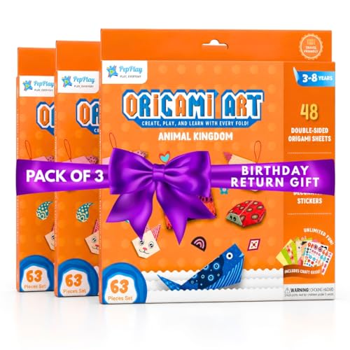 Image of PepPlay 3D Origami Paper Craft Kit (Pack of 3) - Best Birthday Return Gifts for Kids Ages 3 4 5 6 7 8 | 48 Sheets + Booklet + QR Video Tutorials Each | Mess-Free Travel Activity | Boys & Girls Gift