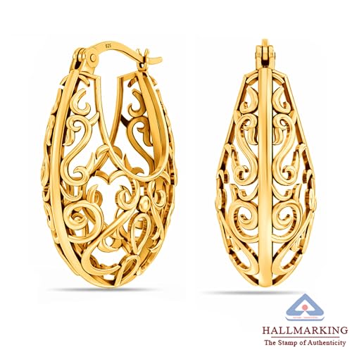 Image of TRUESILVER ACPL 925 Sterling Silver BIS Hallmarked Filigree Hoop Earrings for Women & Girls | Lightweight Designer Oval /Round Hoops | Everyday Wear | Gift for Her