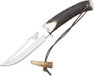 Joker Camping and Hunting Knife CC72 Luchadera, Deer Horn Handle, MOVA Steel 5.51 inches Blade, Brown Leather Sheath, Tool for Fishing, Hunting, Camping and Hiking - Joker