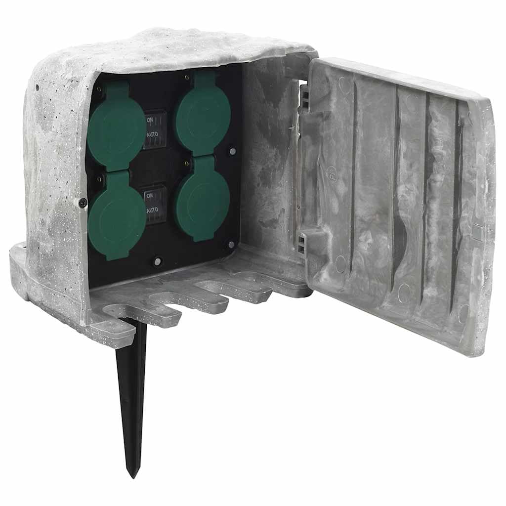 Enchufe exterior con estaca y sensor de luz de 4 vías, aspecto de piedra, plástico IP44, resistente a la intemperie, cable de 1,5 m, enchufe para jardín con Schuko, enchufe múltiple para uso